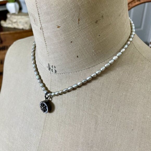 Vintage Sterling Silver Gray Potato Pearl 17" Necklace Faceted Star Abalone 925 - Picture 5 of 10
